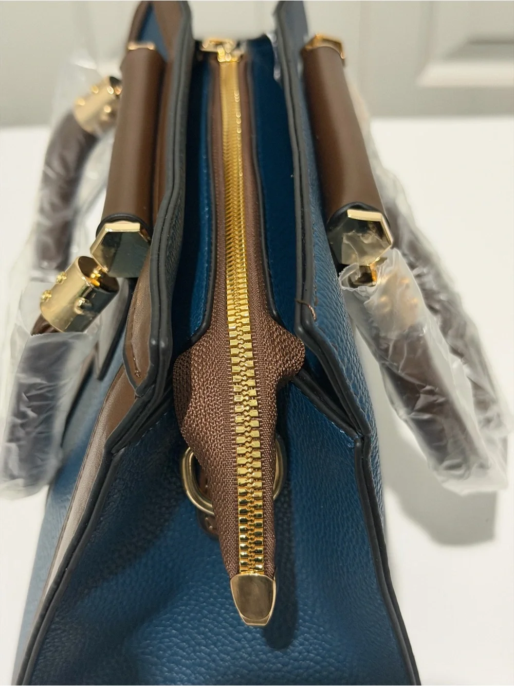 PLAY & SNGN Blue and Brown Structured Satchel with Wallet Set